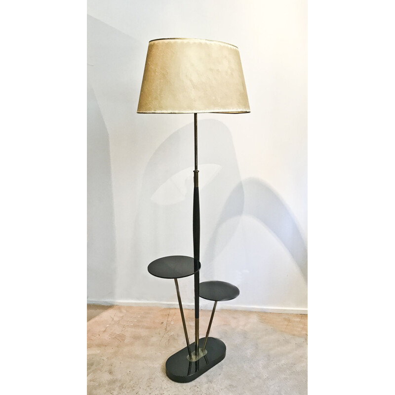 Lampadaire Vintage laqué noir en laiton et verre - 1960