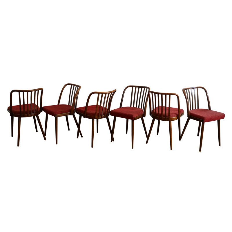 Set of 6 vintage red chairs by Antonin Suman for Jinota Sobeslav - 1960s