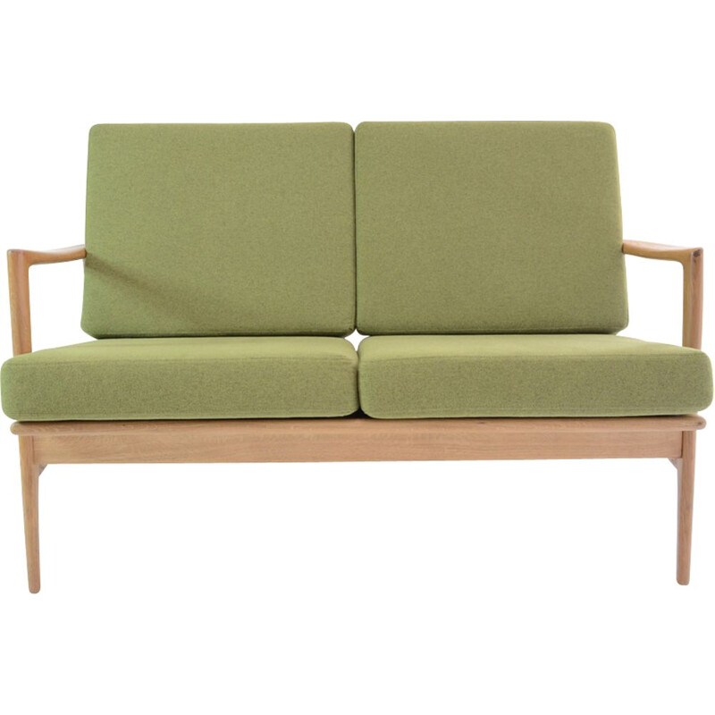 Vintage green 2-seater Bench in oak - 1970s