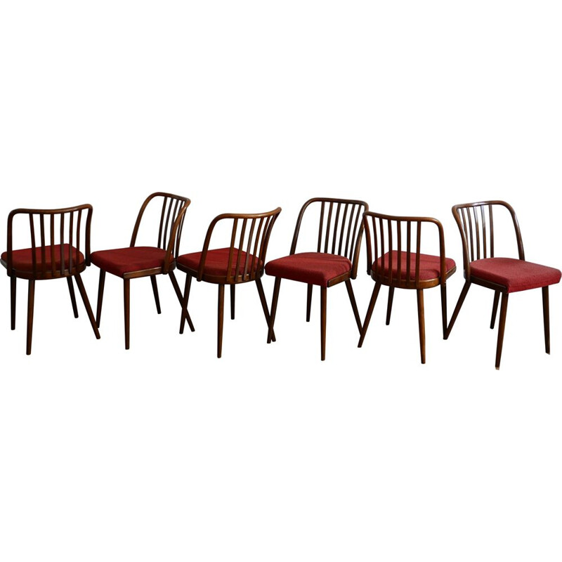 Set of 6 vintage red chairs by Antonin Suman for Jinota Sobeslav - 1960s