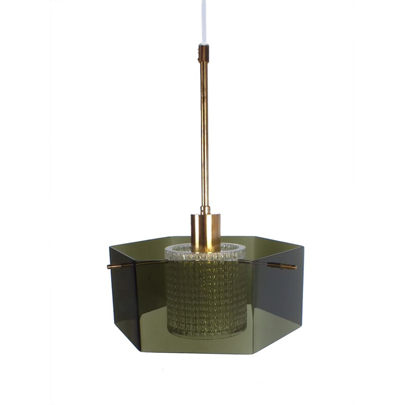 Vintage hanging lamp in brass and green glass by Carl Fagerlund for Orrefors - 1960s