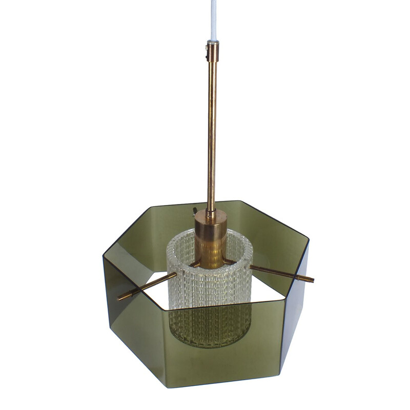 Vintage hanging lamp in brass and green glass by Carl Fagerlund for Orrefors - 1960s