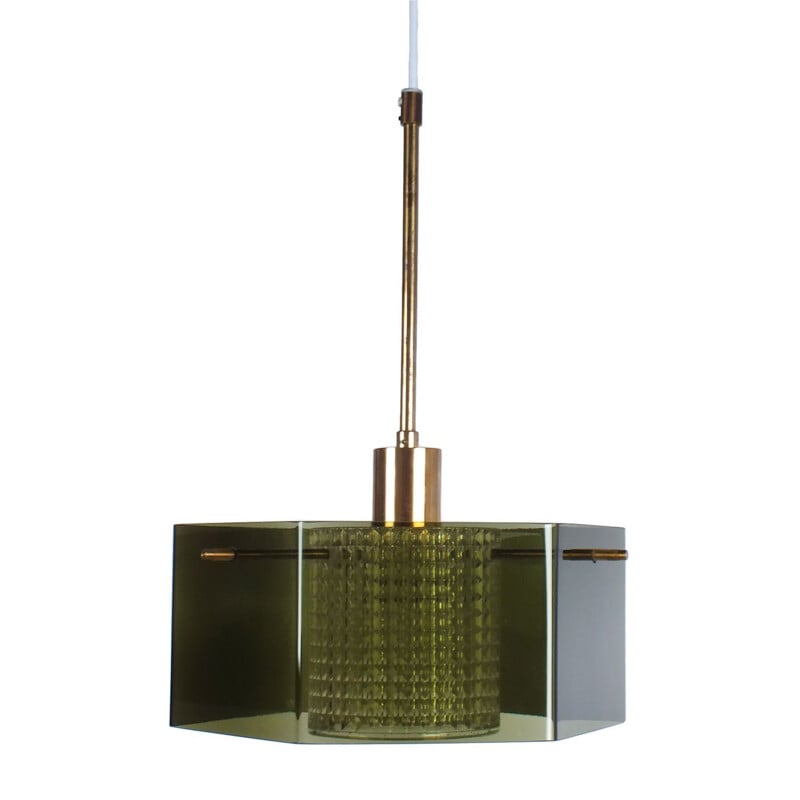 Vintage hanging lamp in brass and green glass by Carl Fagerlund for Orrefors - 1960s