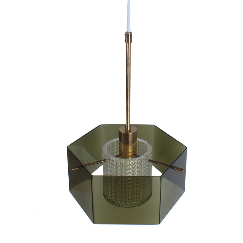 Vintage hanging lamp in brass and green glass by Carl Fagerlund for Orrefors - 1960s