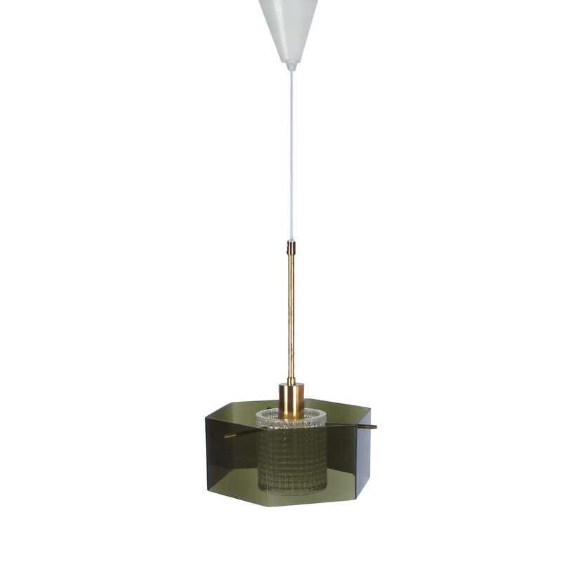 Vintage hanging lamp in brass and green glass by Carl Fagerlund for Orrefors - 1960s
