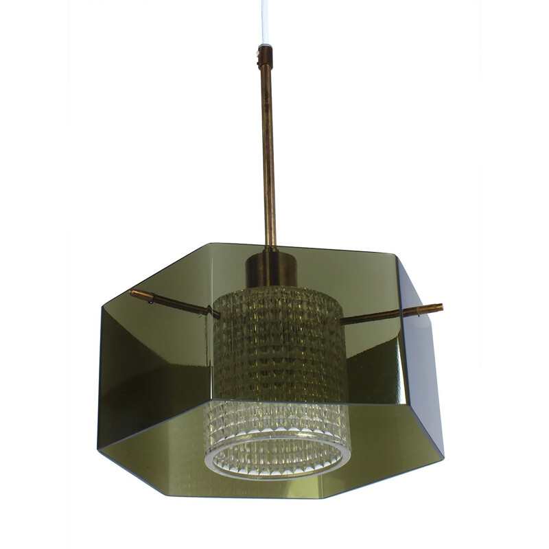 Vintage hanging lamp in brass and green glass by Carl Fagerlund for Orrefors - 1960s