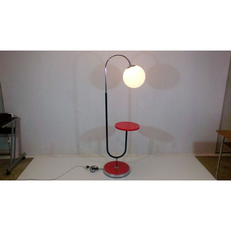 Vintage red floor lamp in wood, metal and chrome by Jindřich Halabala, 1930