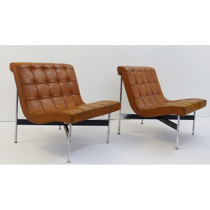 Set of 2 vintage leather armchairs by William Katavolos for ICF Milano - 1990s