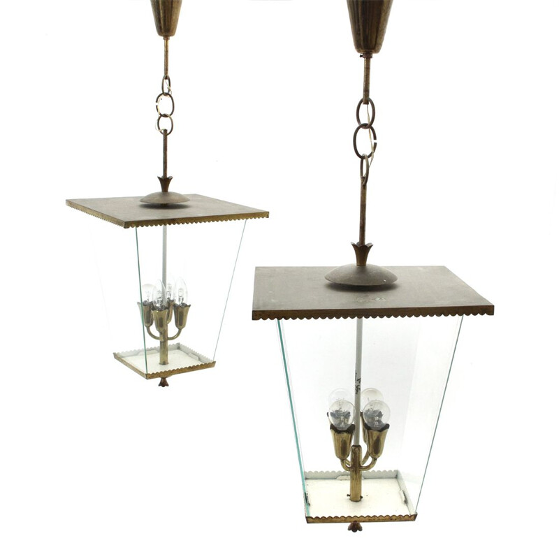 Set of 2 vintage Italian pendant lamps in brass - 1940s