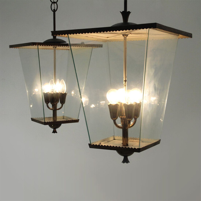 Set of 2 vintage Italian pendant lamps in brass - 1940s