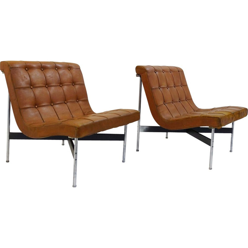 Set of 2 vintage leather armchairs by William Katavolos for ICF Milano - 1990s