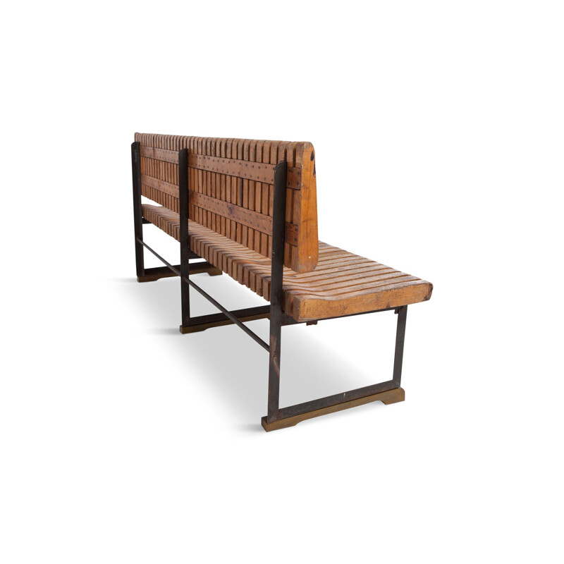 Industrial Bench With Slatted Seat And Backrest - 1950s