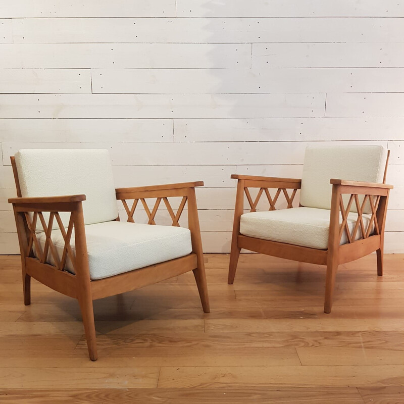 Vintage set of 2 armchairs in solid beech - 1940s