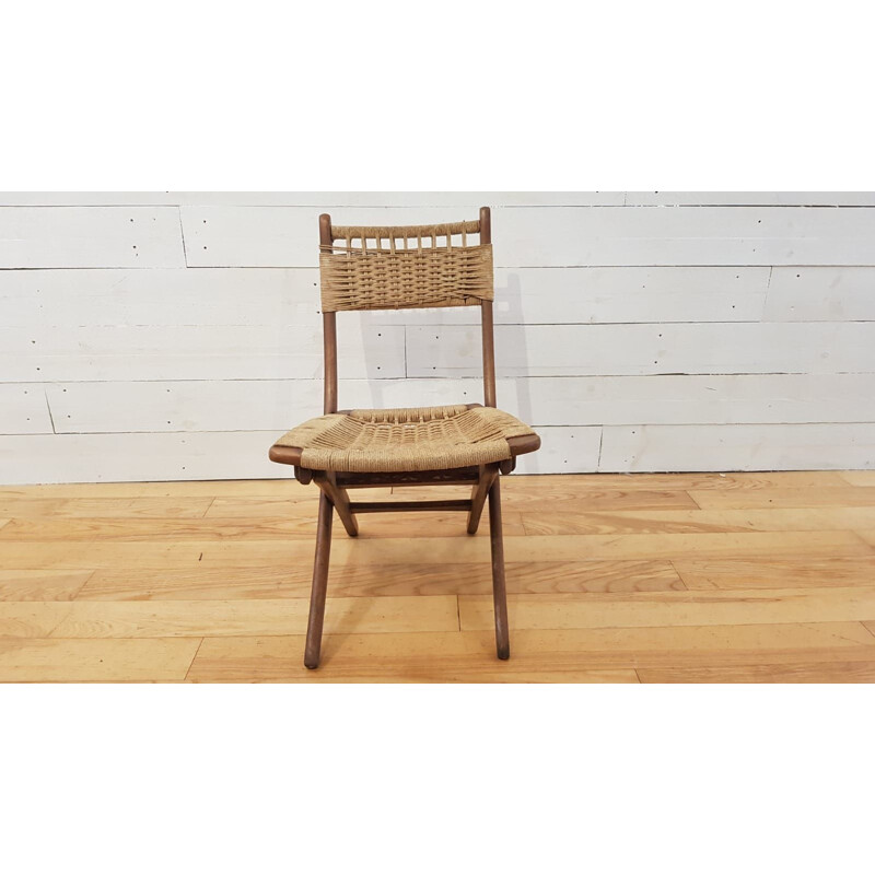 Suite de 2 chaises pliantes vintage cordées en teck