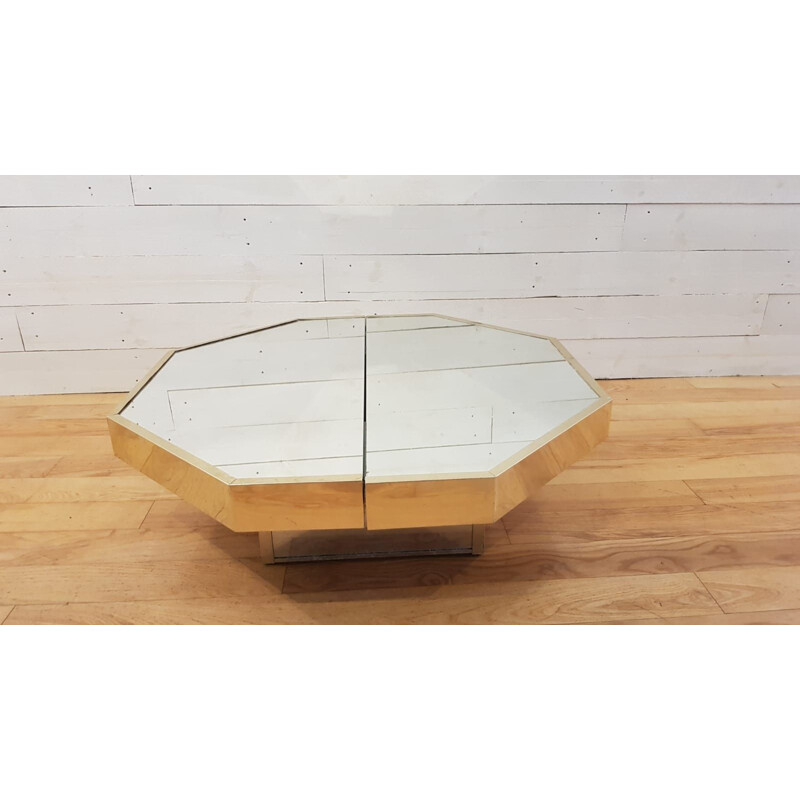 Vintage octagonal coffe table with mirror and golden metal bar 