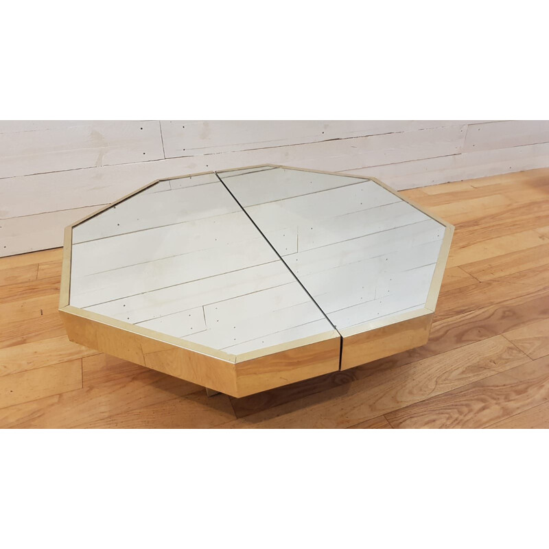 Vintage octagonal coffe table with mirror and golden metal bar 