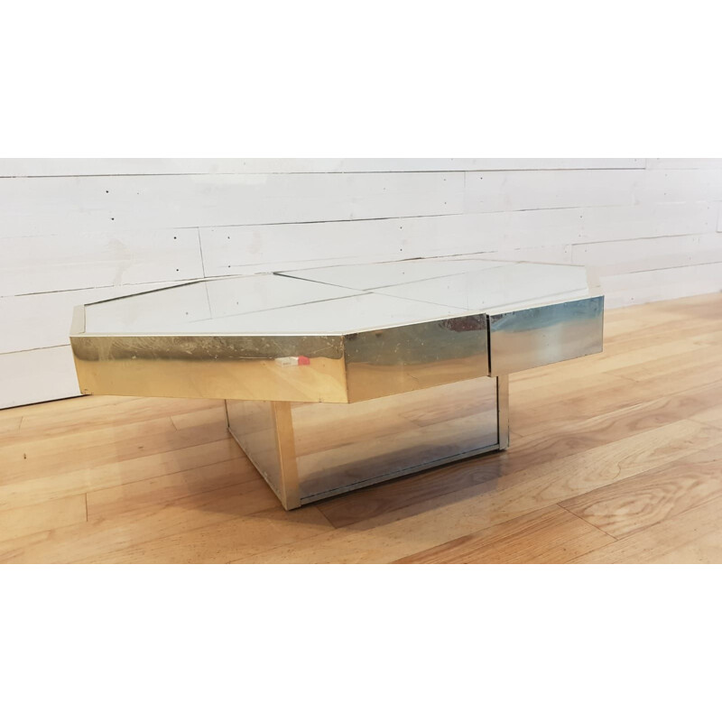 Table basse vintage bar octogonale en miroir et métal doré 