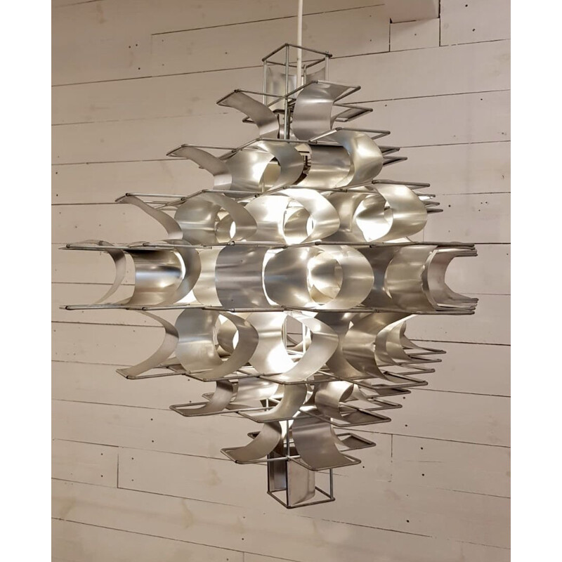 Vintage pendant light Cassiopee in brushed aluminum by Max Sauze