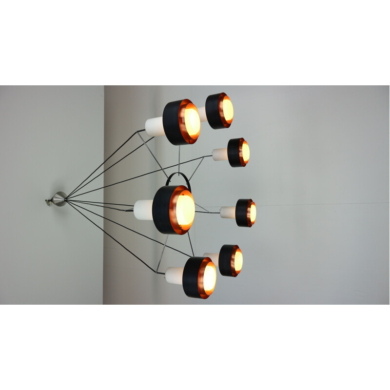 Vintage chandelier in opal glass with black and copper shade