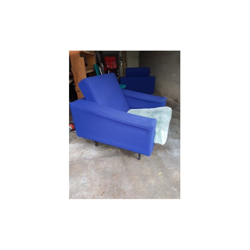 Set of 2 vintage blue armchairs in steel