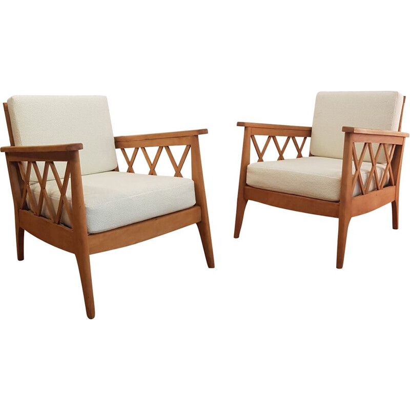 Vintage set of 2 armchairs in solid beech - 1940s