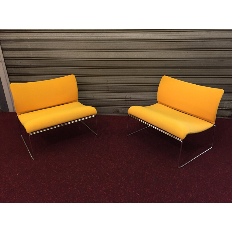 Pair of low chairs in chrome steel and yellow fabric - 1980s