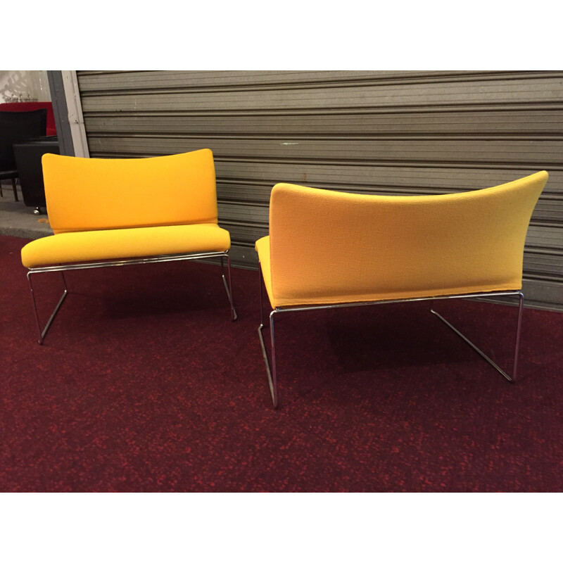 Pair of low chairs in chrome steel and yellow fabric - 1980s