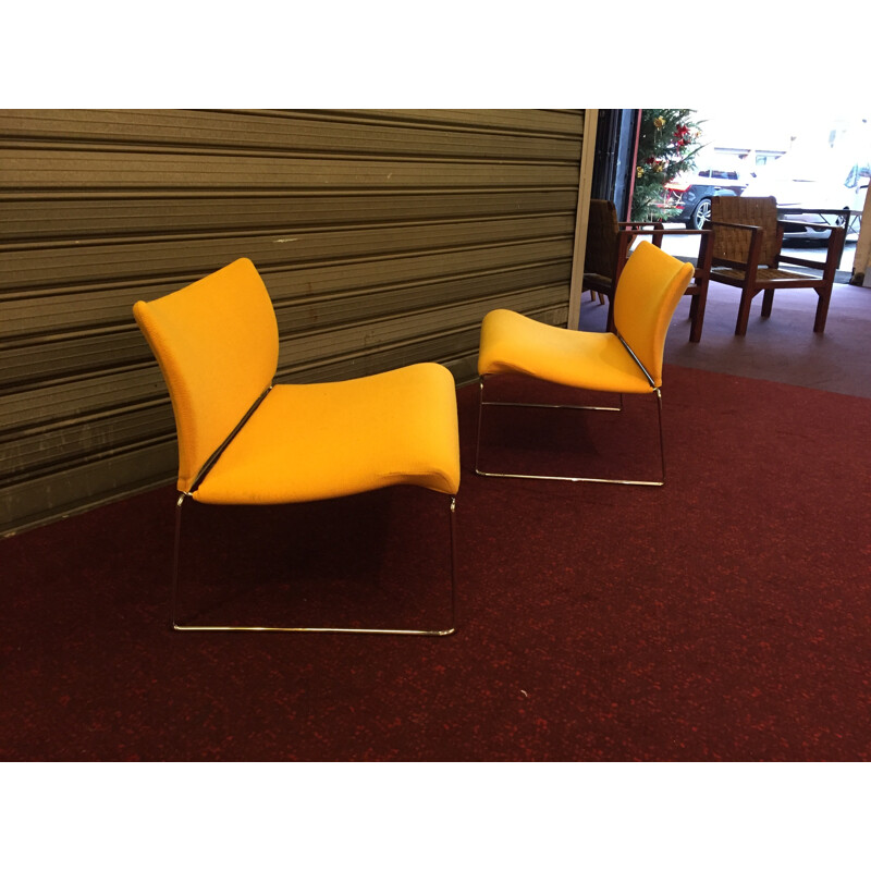 Pair of low chairs in chrome steel and yellow fabric - 1980s