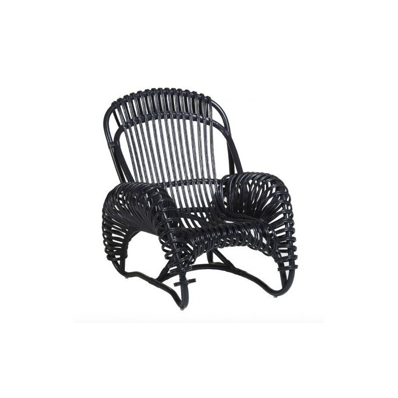 Vintage French armchair and ottoman in rattan.