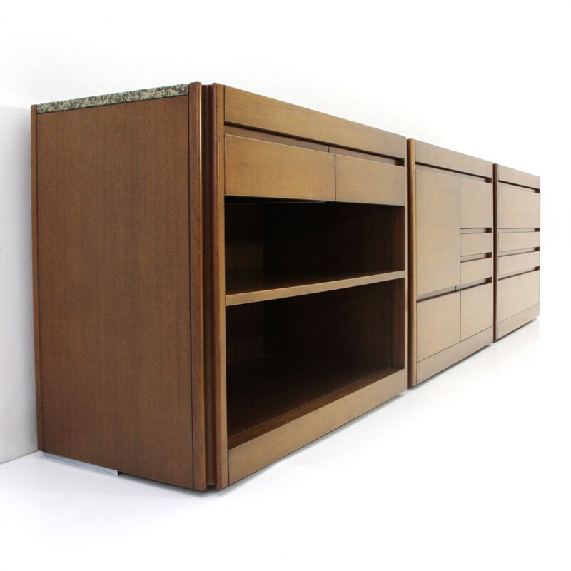 Vintage 4D sideboard in walnut and marble by Angelo Mangiarotti for Molteni