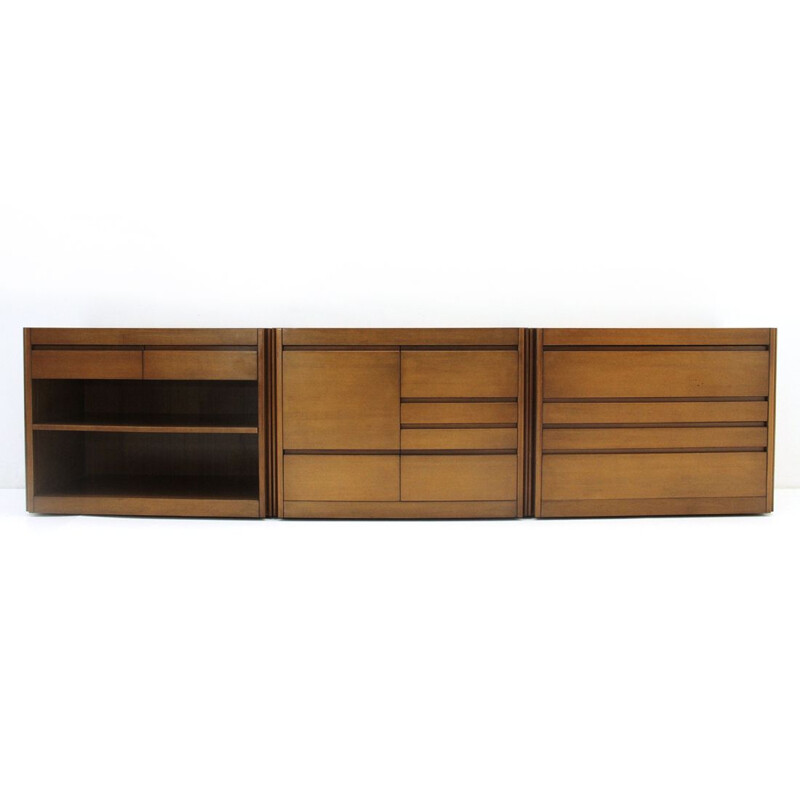 Buffet vintage 4D en noyer et marbre par Angelo Mangiarotti pour Molteni