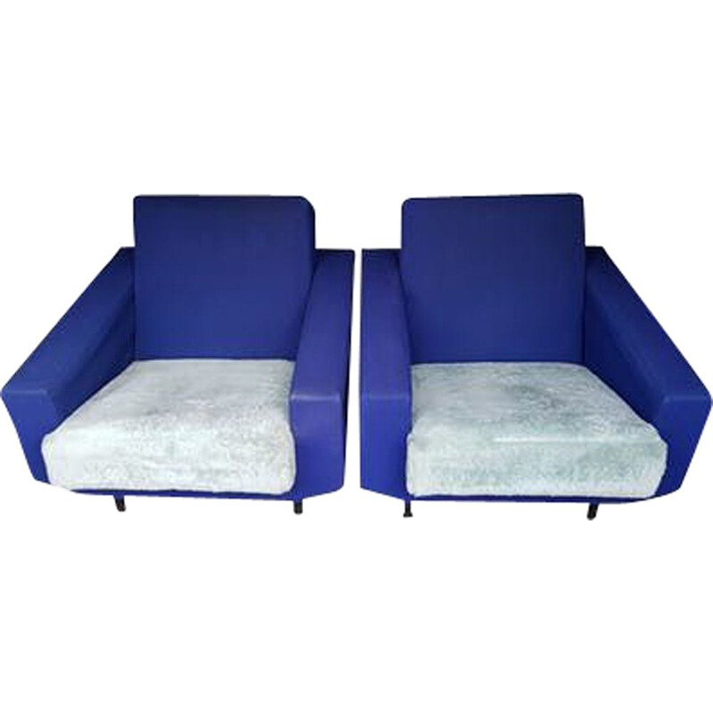Set of 2 vintage blue armchairs in steel