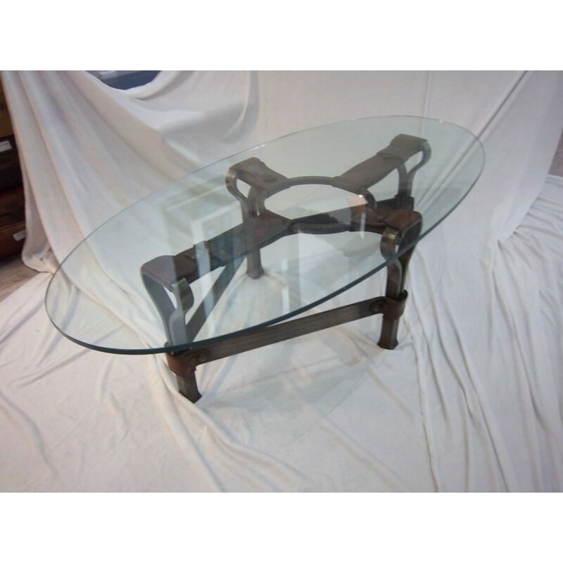 Table vintage en fer forgé et en cuir, 1970