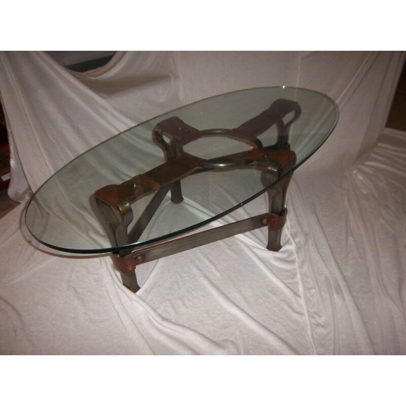 Table vintage en fer forgé et en cuir, 1970
