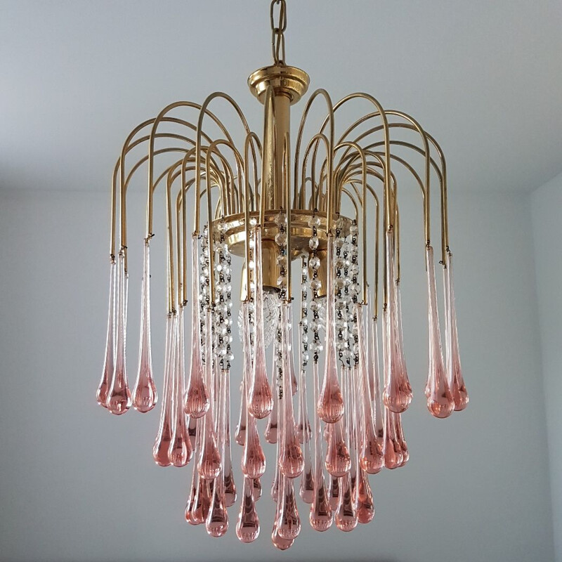 Vintage chandelier with Murano glass teardrops by Paolo Venini