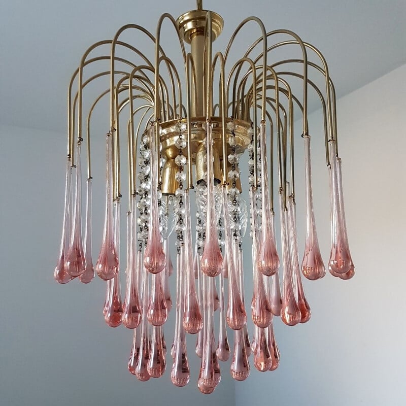 Lustre vintage avec des larmes de verre de Murano par Paolo Venini