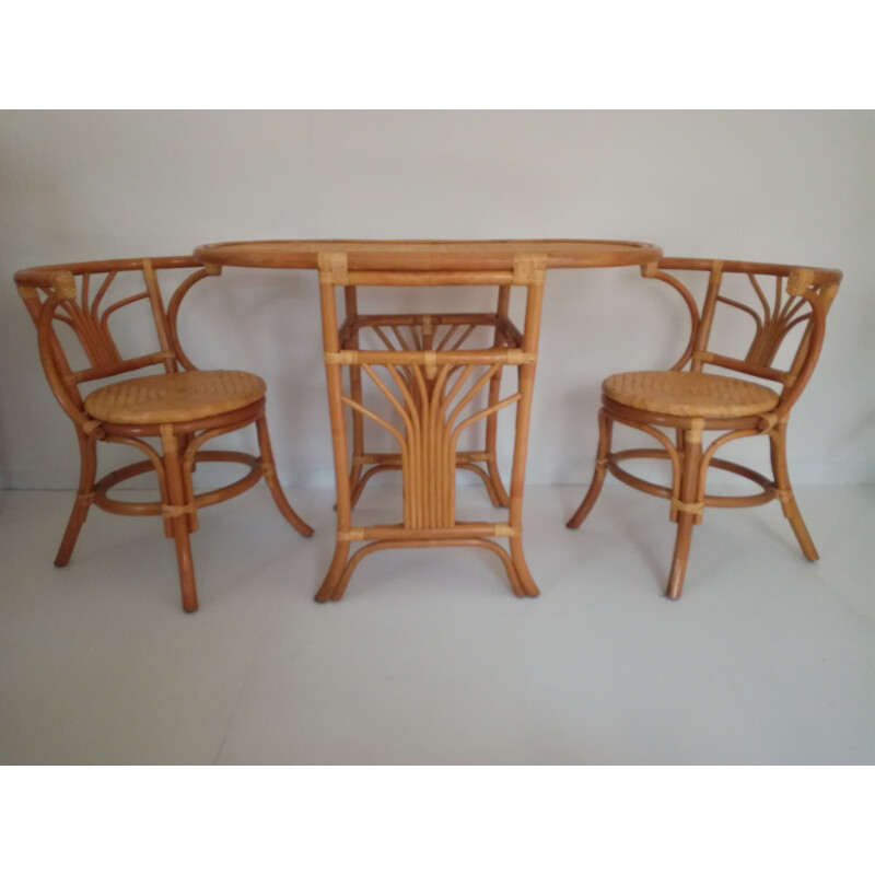 Set of 2 vintage chairs and table in rattan