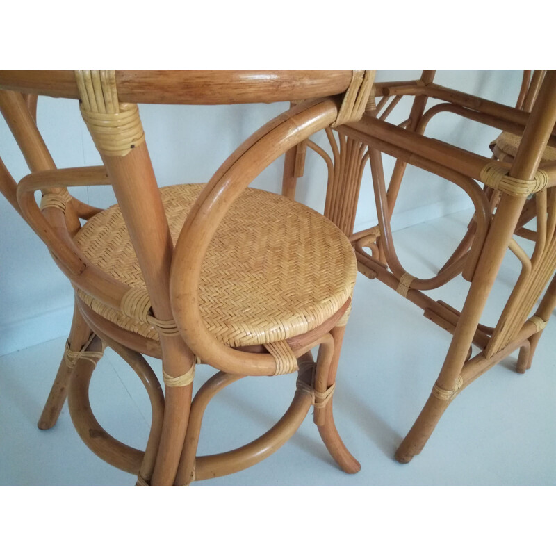 Set of 2 vintage chairs and table in rattan
