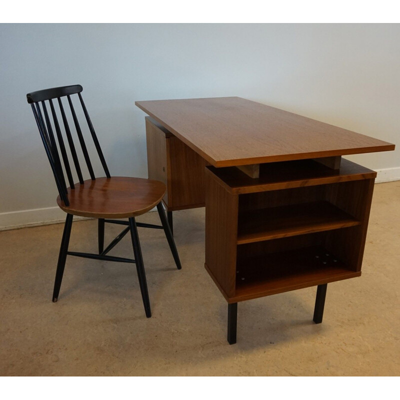 Vintage Dutch writing desk in teak and metal