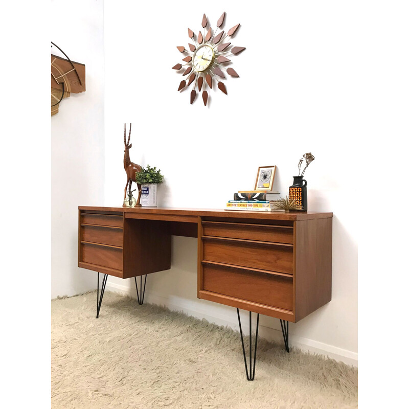 Vintage writing desk in teak with hairpin legs by Austinsuite