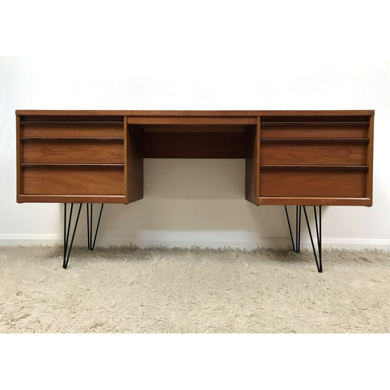 Vintage writing desk in teak with hairpin legs by Austinsuite