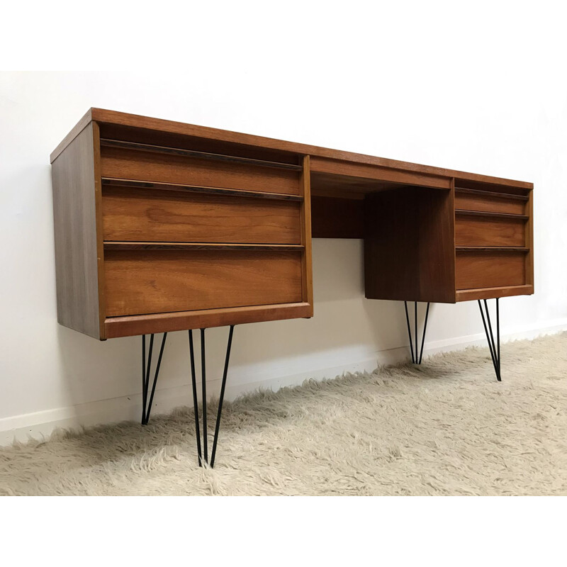 Vintage writing desk in teak with hairpin legs by Austinsuite