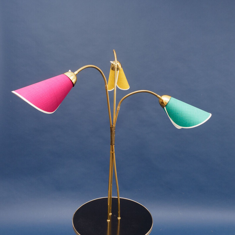 Vintage German floor lamp in brass and colored lampshades