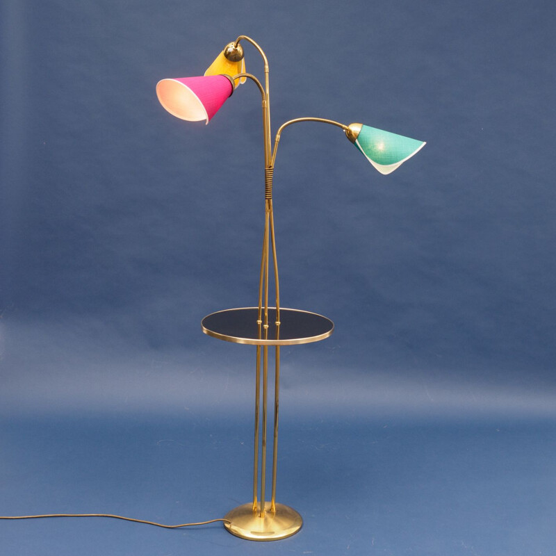 Vintage German floor lamp in brass and colored lampshades