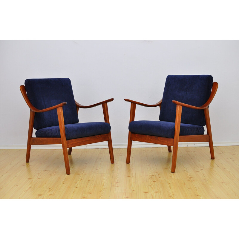 Set of 2 blue armchairs in beechwood