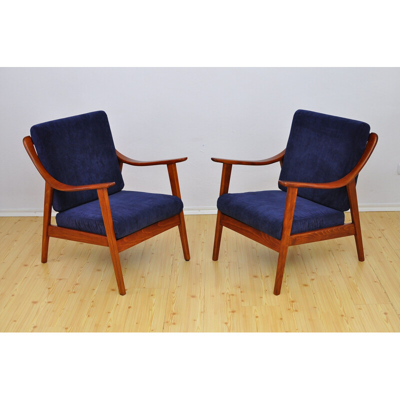 Set of 2 blue armchairs in beechwood