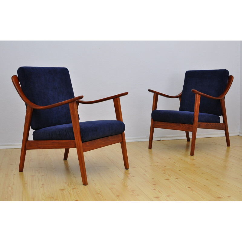 Set of 2 blue armchairs in beechwood