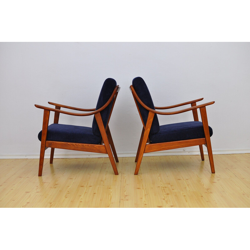 Set of 2 blue armchairs in beechwood