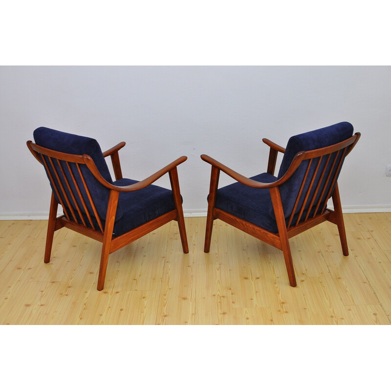 Set of 2 blue armchairs in beechwood