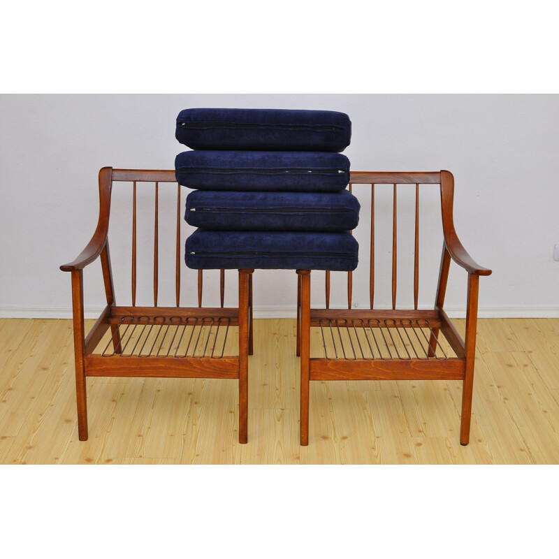 Set of 2 blue armchairs in beechwood